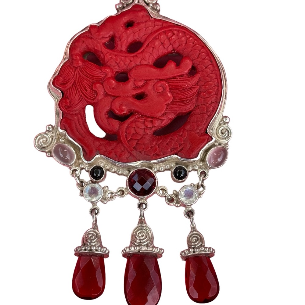 RARE Sajen 925 Sterling silver brooch pendant Garnet cinnabar moonstone - Picture 3 of 8